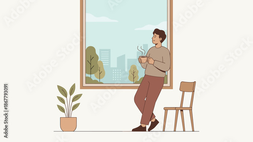 Man drinking coffee looking out window. Relaxing break time. Thinking concept. Male standing with hot tea mug. Peaceful morning routine. Home rest. City view. Apartment lifestyle.