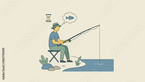 Fisherman sitting on stool with rod. Patience concept. Flat vector illustration of fishing hobby. Leisure activity in nature. Man thinking about fish. Relaxing outdoor recreation image.