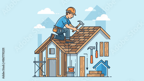 Roofer installing shingles on roof. Construction worker with hammer. Home renovation concept. Building maintenance. House repair. Handyman fixing. Flat vector illustration.
