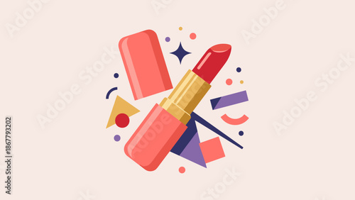 Stylized red lipstick tube open. Makeup and cosmetics concept. Flat vector illustration. Fashion beauty icon. Glamour accessory. Feminine product. Geometric shapes. Trendy art style.
