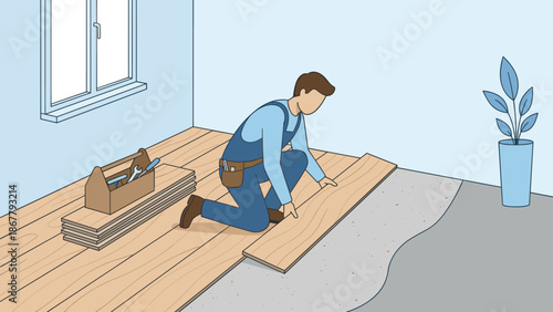 Professional flooring installer laying wood laminate planks. Male worker doing home renovation and interior repair. Carpenter service concept. Handyman fitting parquet. Flat vector.