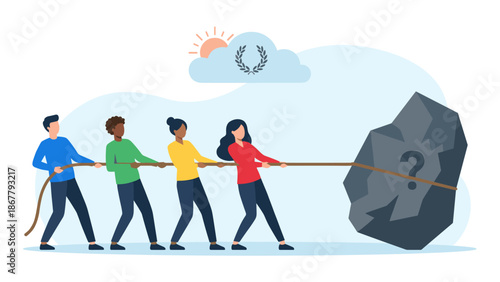 Diverse business team pulling rope tug of war against problem. Rock with question mark. Overcoming challenges. Corporate struggle concept. Group effort. Heavy stone obstacle crisis.