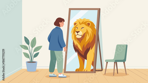 Concept of self confidence and inner strength. Person looking in mirror seeing lion reflection. Brave business leadership metaphor. Psychology of self esteem. Hidden power potential.