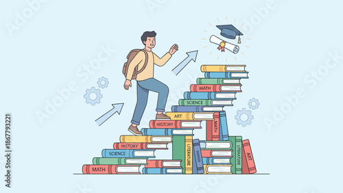Student boy climbing stairs made of school books to graduation cap. Educational progress concept. Career success path. Learning steps to knowledge. Academic achievement vector