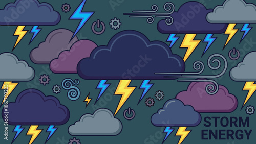 Stylized thunderstorm background. Lightning bolts pattern. Electric power energy. Weather climate. Flat vector illustration. Dark sky clouds. Voltage electricity. Nature force atmosphere.