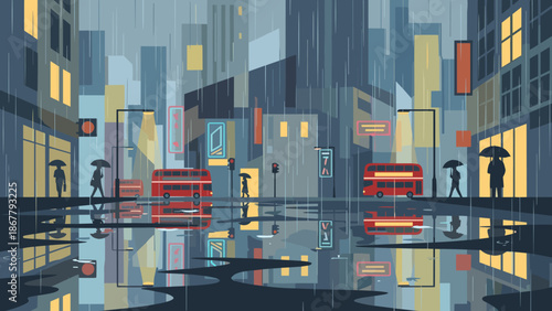 Rainy city street scene with reflections in puddles. Atmospheric urban background. Flat vector illustration. Wet road weather. Metropolis architecture. Stormy town cityscape skyline.