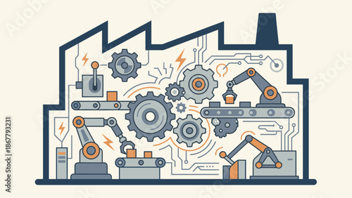 Industrial automation factory silhouette concept. Robotic arms and gears system. Manufacturing process vector. Smart industry production line. Machinery engineering technology.