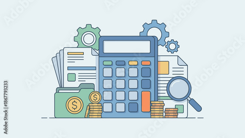 Financial accounting and tax preparation concept. Business audit calculation with calculator money coins. Budget planning report. Bookkeeping service. Economic analysis paperwork.