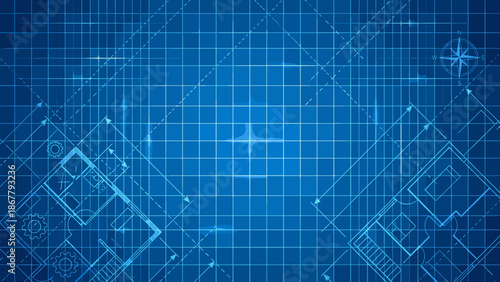 Abstract blue blueprint background with technical grid lines and architectural floor plan elements. Engineering concept with compass and gears. Industrial construction design layout.