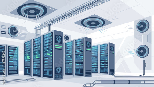 Data center server room infrastructure with industrial cooling fans and ventilation system. Big data cloud storage technology concept. Computer network racks hosting hardware flat.