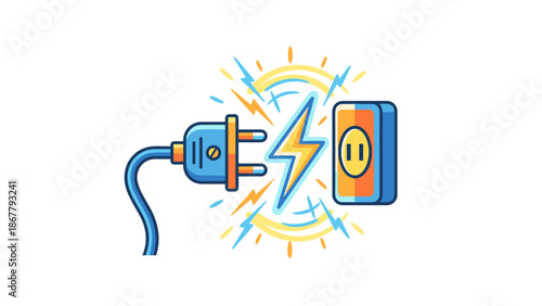 Stylized electric plug connecting to wall socket with lightning spark. Energy power concept. Flat vector illustration. Electricity charge symbol. Technology element. Voltage shock. Outlet.