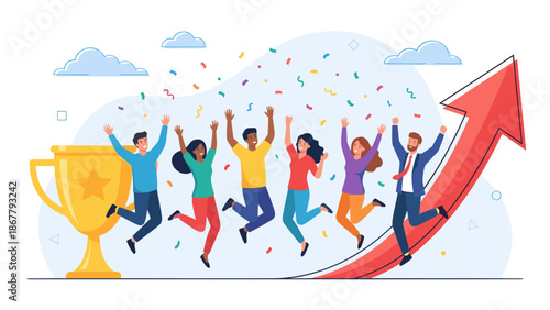 Business team celebrating success. Happy people jumping with trophy and rising arrow. Corporate victory concept. Achievement goal win. Winner cup. Career growth. Teamwork celebration.
