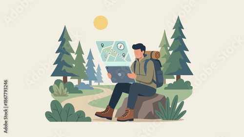 Hiker using tablet for navigation in forest. Digital map concept. Person sitting on rock. Modern technology outdoors. Adventure travel. GPS route planning. Flat vector illustration