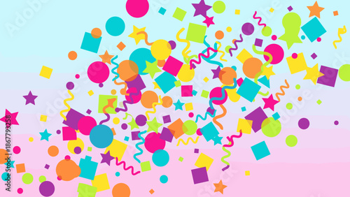 Abstract confetti background. Celebration party theme. Colorful geometric shapes. Festive birthday anniversary. Bright carnival decoration. Falling stars circles squares. Vector art.