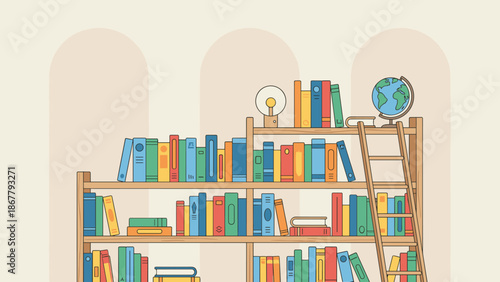 Wooden library bookshelf full of colorful books, ladder and globe. Education knowledge concept. School archive interior. Reading room furniture. Study design. Flat vector illustration.