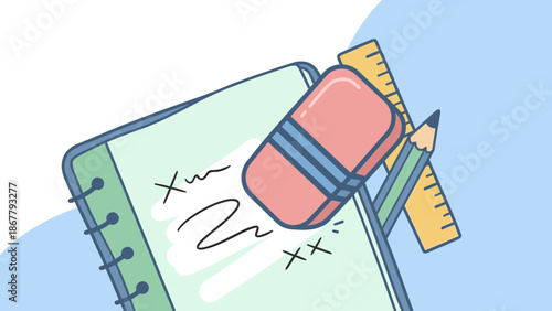 Large pink rubber eraser removing pencil mistake on notebook paper. Correction and editing concept. School stationery supplies. Fixing error symbol. Flat vector illustration design art