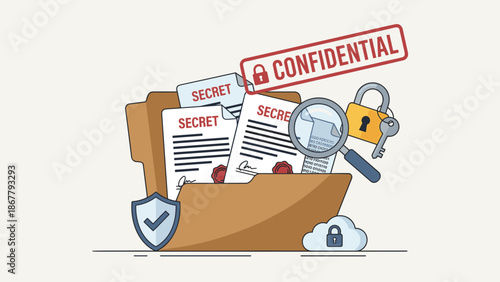 Confidential business folder with secret documents. Data privacy security concept. Red stamp. Top secret paperwork. Private information protection. Classified file archive. Vector.