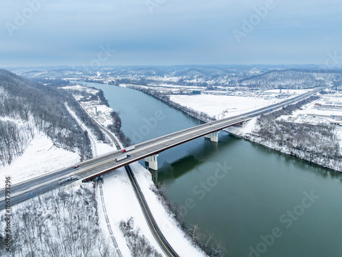 Donald M. Legg and Nitro WWI Memorial Bridge - Snowy Winter Landscape + Kanawha River - West Virginia