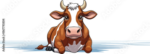 A cartoon cow with brown and white fur lies down in a simple, white background with a touch of blue shadow underneath, creating a playful and calm mood with a flat, illustrative style.