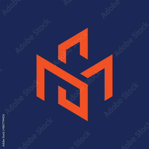 this is a flat logo design that depicts an initial M6 or 6M in bright orange color that looks clean and nice on a dark blue background