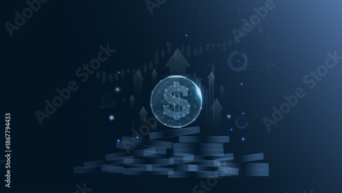 A digital representation of financial growth, featuring a dollar symbol and ascending charts. Perfect for illustrating concepts of wealth and finance.