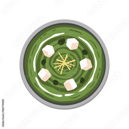 Flat Vector Illustration of Indian Palak Paneer – Traditional Spinach and Cottage Cheese Curry on White Background