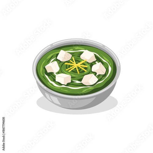 Flat Vector Illustration of Indian Palak Paneer – Traditional Spinach and Cottage Cheese Curry on White Background