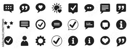 Approved, Checkmark Box and Social Media Message, Chat and Quote Icons, Vector Illustration of Speech Bubbles, Approval Ticks, Comment Symbols, Thinking and Messaging Concepts for UI UX Design