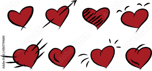 Crayon heart outline set. Hand drawn red heart sketch collection isolated on white background. Childlike love symbol for Valentine’s Day.