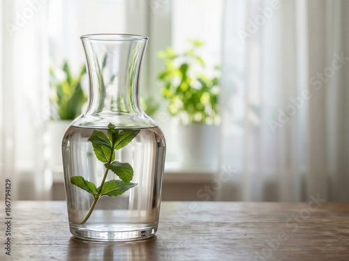 Glass Carafe of Water with a Sprig of Mint