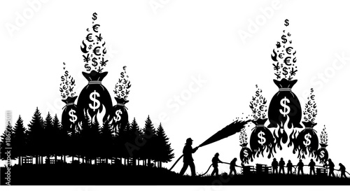 Man pulling money bag with dog.