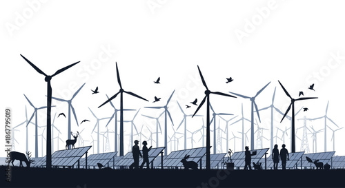 Wind Turbines Renewable Energy Landscape Silhouette.
