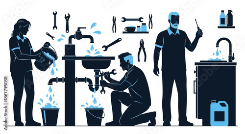 Plumbers Fixing Leaking Pipes and Faucets.
