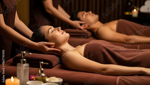 Two women receiving facial massages in a spa with candles and oils relaxation