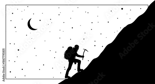 Climber Ascending Mountain Under Starry Night.