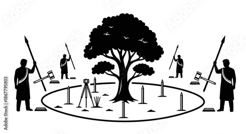 Men Planting Trees in Circle Silhouette.