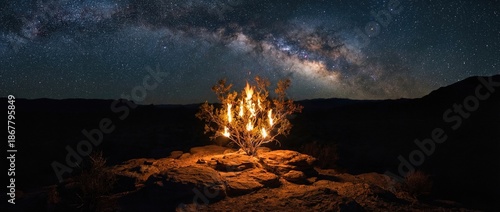 Burning bush under a stunning Milky Way night sky. Biblical scene representing the story of Moses for spiritual concepts and religion. Banner with copy space