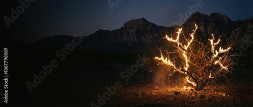 Burning bush shining with bright fire at night. Biblical scene of God speaking to Moses. Religious story for Christian teaching. Banner with copy space