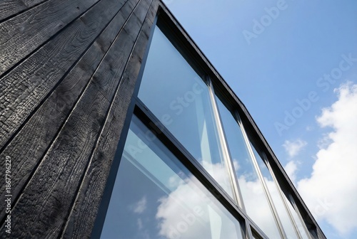 Modern house exterior made from charred timber and glass