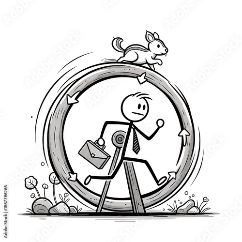 Man Running on Hamster Wheel with Squirrel.