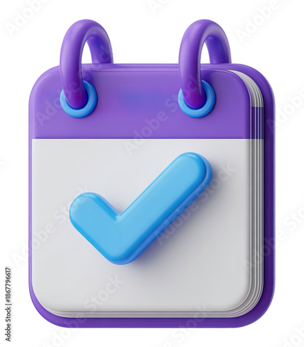 3D Purple Calendar Icon with Blue Checkmark for Task Management and Organization