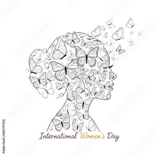 Woman Profile Made of Butterflies Silhouette.