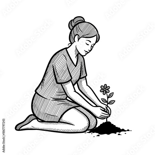 Woman Kneeling Planting Flower in Soil.