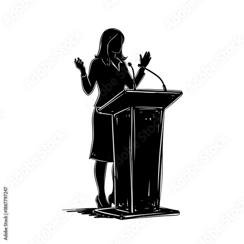 Woman Speaking at Podium with Microphone.