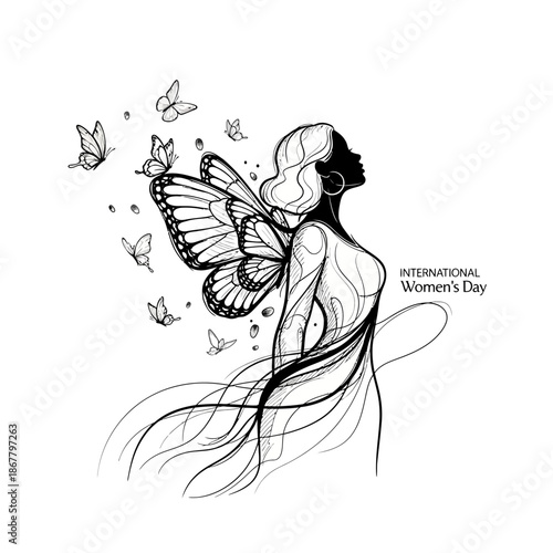 Woman with Butterfly Wings on Body.