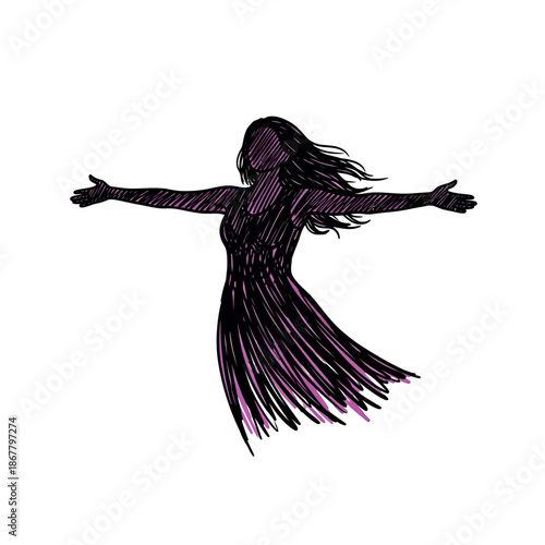Woman Dancing with Flowing Hair and Dress.