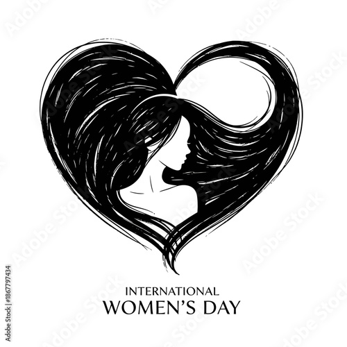 Woman Profile Silhouette Inside Heart Shape.