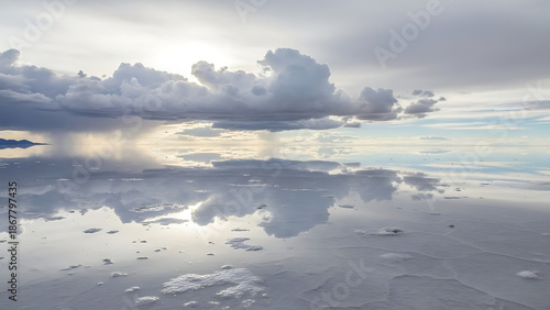 Salar de Uyuni in Bolivia reflecting the sky like a mirror, surreal landscape during rainy season