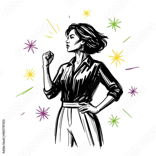 Woman Celebrating with Fireworks in Background.