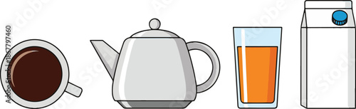 Assorted beverages arranged on a plain white background with coffee, tea, juice, and milk in various containers.